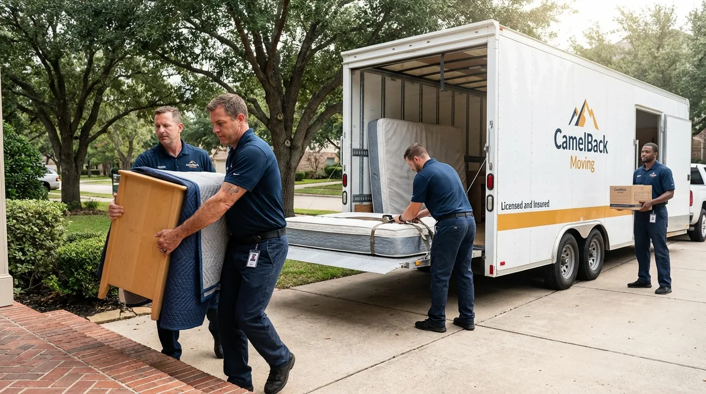 Crew loading residential truck for cross-state move from Gueydan, LA