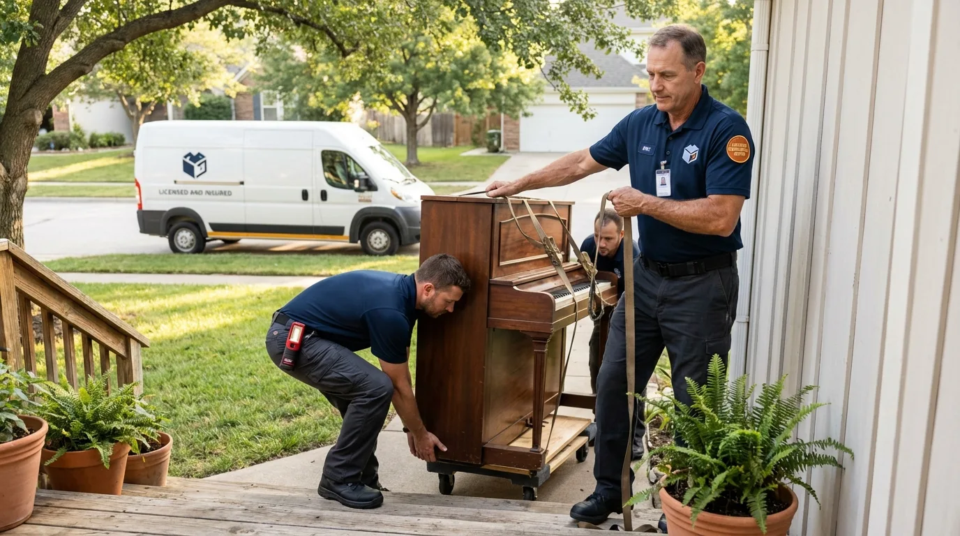 Licensed piano movers securing grand piano in Gueydan, LA