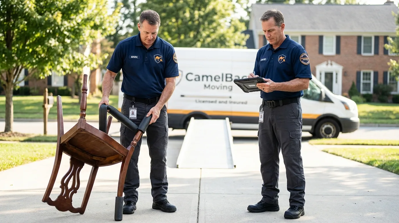 Movers inspecting furniture for damage prevention before loading in Gueydan, LA