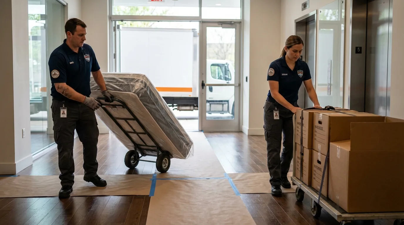 Professional apartment movers loading elevator in Gueydan, LA